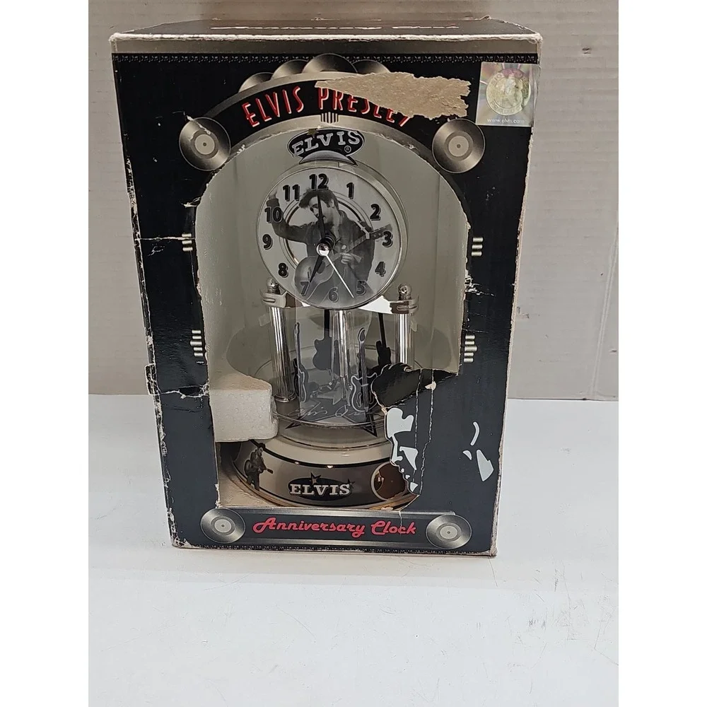 Elvis Presley Anniversary Clock Rotating Guitar Pendulum‎ Porcelain Base